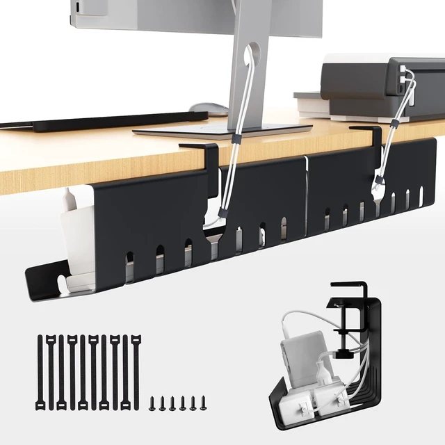 Main image of Syeeiex No Drill Cable Management Under Desk,2 Pack 17" Cable Cord Organizer Clamp-on/Screw Mount Heavy Duty Metal Cord Organizer for Office,Home,Black