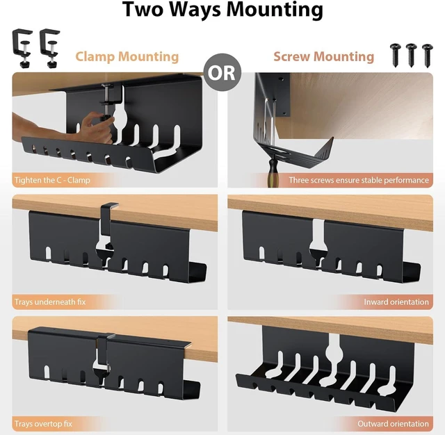 Alt view image 2 of 7 - Syeeiex No Drill Cable Management Under Desk,2 Pack 17" Cable Cord Organizer Clamp-on/Screw Mount Heavy Duty Metal Cord Organizer for Office,Home,Black