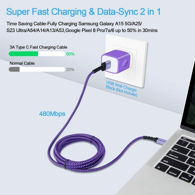 Alt view image 5 of 7 - 3Pack 10FT Samsung Fast Charging Cable USB Type C Long Phone Charger Cord for Samsung Galaxy A17 A16 5G S25 Ultra S24FE A56 A15 A35 A54 S23,Moto G Stylus 5G 2025 Edge/Razr+ 2025,iPhone 16 15,Pixel10 9