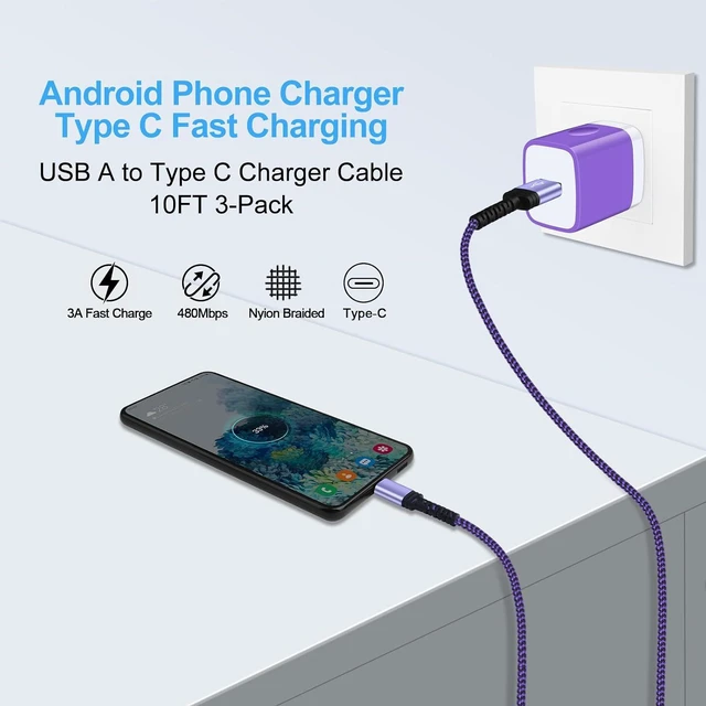 Alt view image 4 of 7 - 3Pack 10FT Samsung Fast Charging Cable USB Type C Long Phone Charger Cord for Samsung Galaxy A17 A16 5G S25 Ultra S24FE A56 A15 A35 A54 S23,Moto G Stylus 5G 2025 Edge/Razr+ 2025,iPhone 16 15,Pixel10 9
