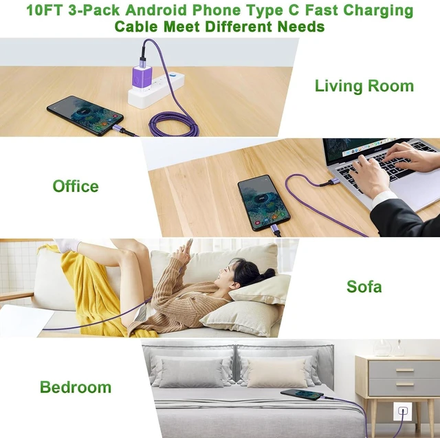 Alt view image 7 of 7 - 3Pack 10FT Samsung Fast Charging Cable USB Type C Long Phone Charger Cord for Samsung Galaxy A17 A16 5G S25 Ultra S24FE A56 A15 A35 A54 S23,Moto G Stylus 5G 2025 Edge/Razr+ 2025,iPhone 16 15,Pixel10 9