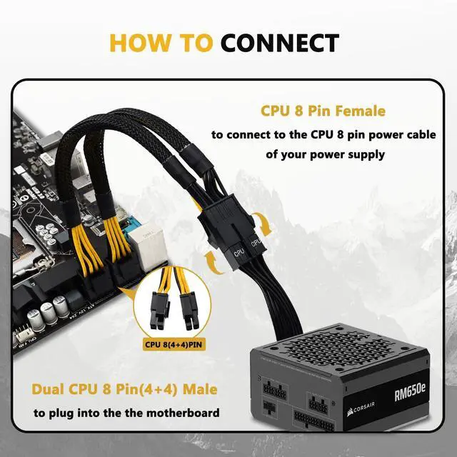 Alt view image 5 of 6 - COMeap CPU 8 Pin Female to Dual CPU 8 Pin (4+4) Male Power Supply EPS Converter Adapter Extension Sleeved Cable for Motherboard 9.5-inch(24cm)