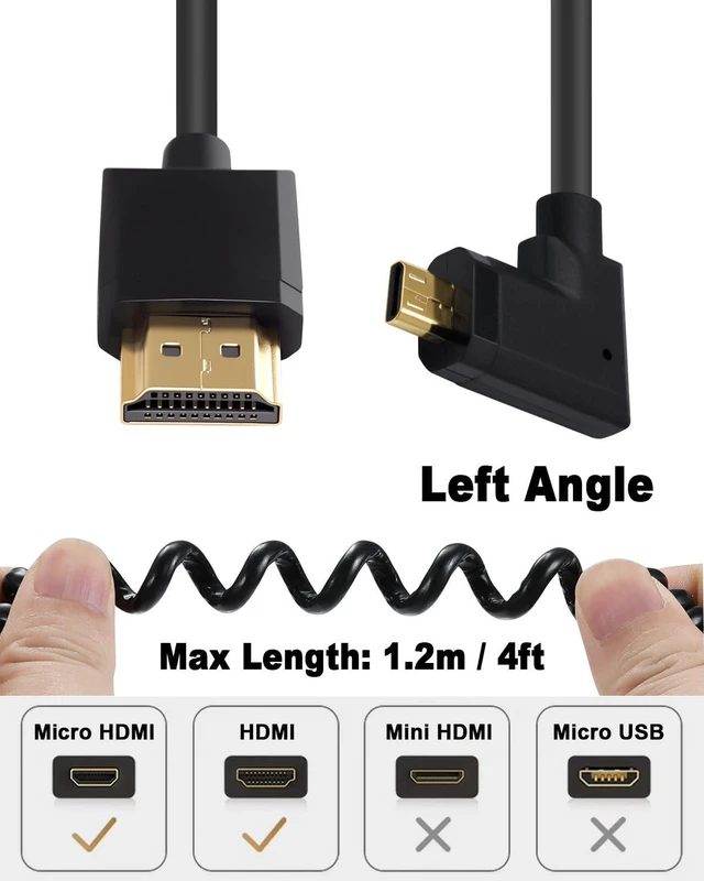 Alt view image 5 of 7 - Duttek Micro HDMI to HDMI 90 Degree Cable, 90 Degree HDMI to Micro HDMI Coiled Cable, Extreme Slim Left Angled Micro HDMI Male to HDMI Male Coiled Cable for 1080P, 4K, Ultra HD, 3D (3.3FT/1M)