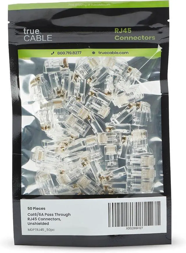 Alt view image 2 of 7 - trueCABLE Cat6/6A RJ45 Pass Through Connectors, Unshielded (UTP) Modular Plug, UL Listed, EZ Crimp End, Gold Plated 3 Prong 8P8C, 50 Pieces