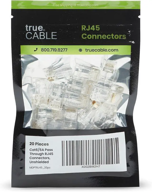 Alt view image 2 of 7 - trueCABLE Cat6/6A RJ45 Pass Through Connectors, Unshielded (UTP) Modular Plug, UL Listed, EZ Crimp End, Gold Plated 3 Prong 8P8C, 20 Pieces