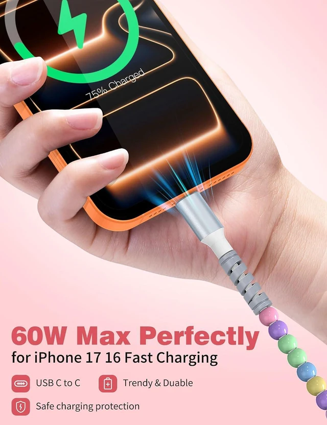 Alt view image 3 of 7 - USB C to USB C Cable 6FT2Pack,60W Fast Charging Beaded Charger Cord for iPhone 17 16 Pro Max iPad Pro Air 11 10th for Samsung S25 S24 Ultra S23 FE A16 A17 Android Phone Charger Cable Cute Girls Women