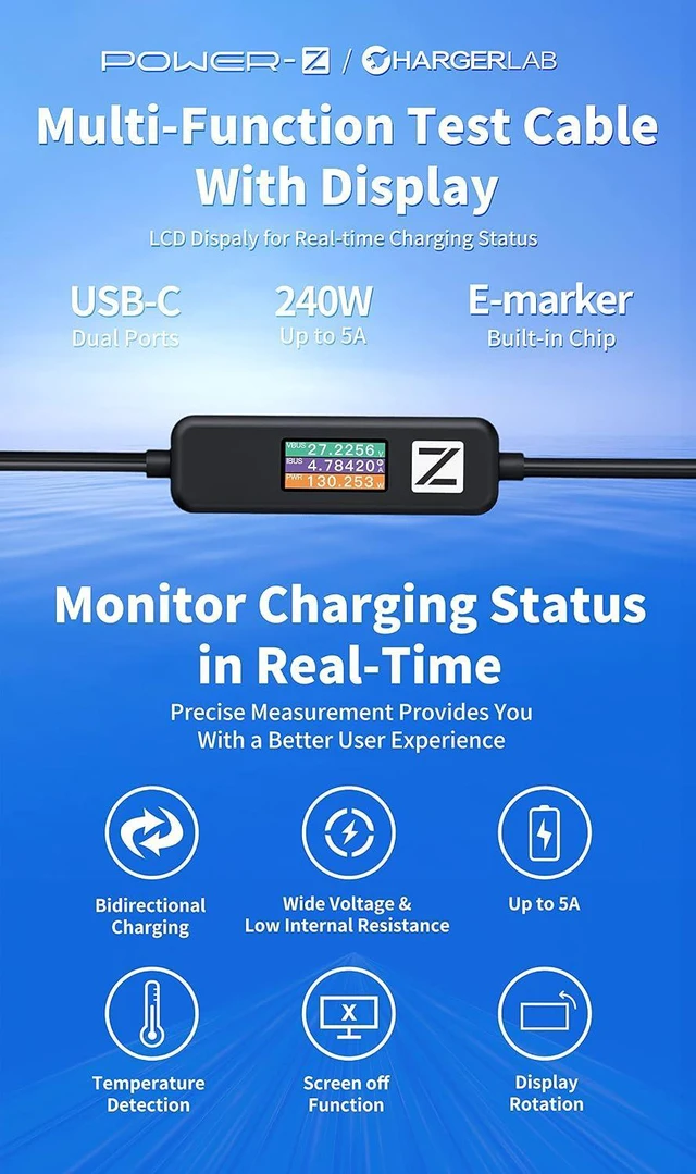 Alt view image 2 of 6 - ChargerLAB Power-Z AK001 Multi-Function 240W USB PD Charging Test Cable with Color Display Compatible with USB-C Devices (1.5M/5FT)