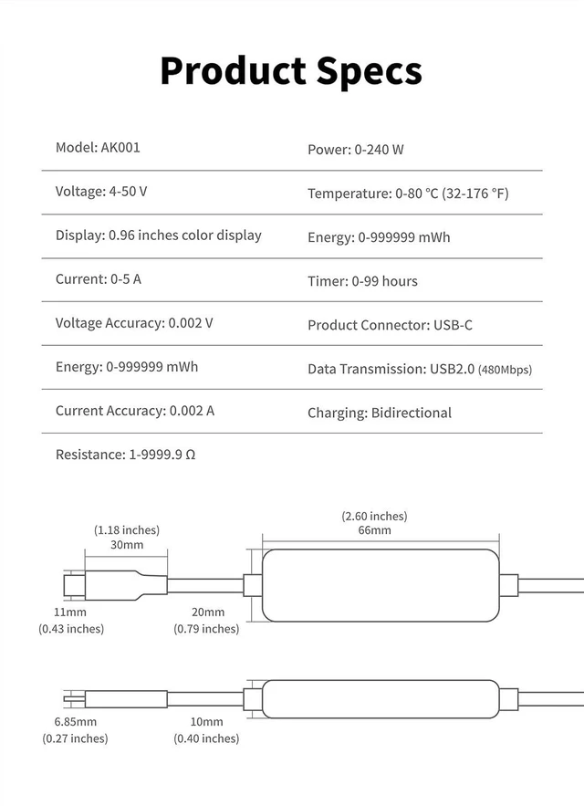 Alt view image 6 of 6 - ChargerLAB Power-Z AK001 Multi-Function 240W USB PD Charging Test Cable with Color Display Compatible with USB-C Devices (1.5M/5FT)