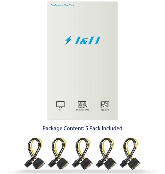 Alt view image 7 of 7 - J&D SATA Power Cable, (5 Pack) SATA 15 Pin to 6 Pin PCI Express (PCIe) Graphics Video Card Power Cable Adapter (20 cm)
