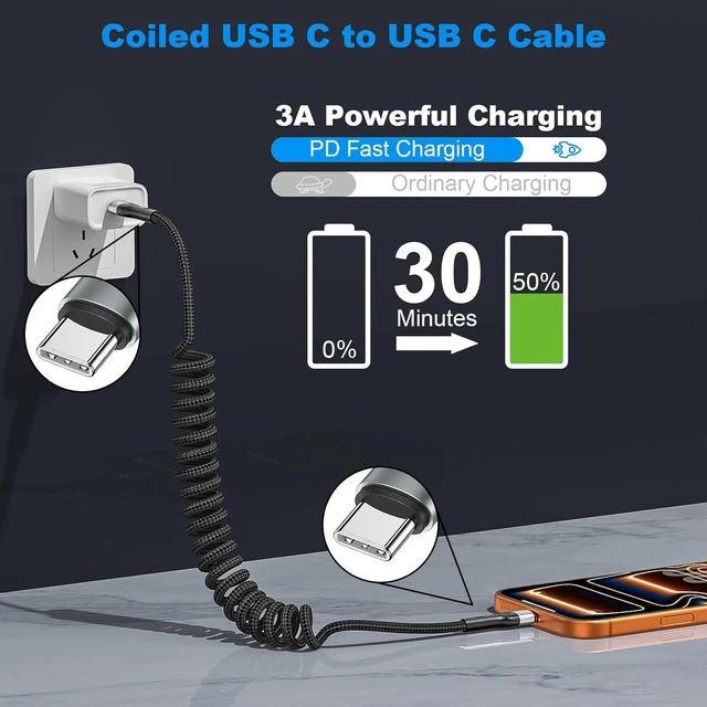 Alt view image 4 of 7 - USB C to C Cable 3ft 2Pack Coiled USB C Charger Cable for Car Type C Fast Charging Cable for iPhone 17/16/15/Plus/Pro/Pro Max/Samsung Galaxy S23 Nylon Braided USBC Cable