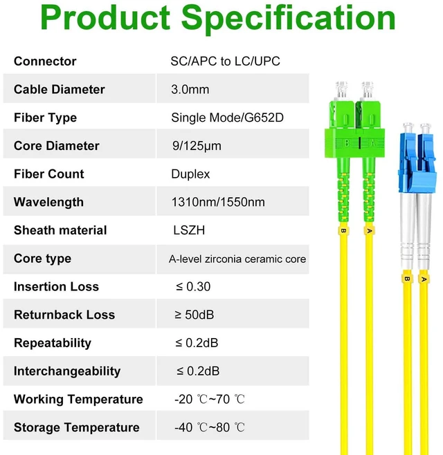 Alt view image 7 of 7 - 1Pcs 30 Meter Fiber Optic Patch Cord SC for APC to LC UPC, Duplex Single Mode Fiber Cable Jumper OS2 G652D 9/125m, 1310nm/1550nm LSZH 3.0mm