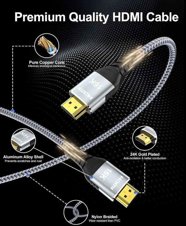 Alt view image 6 of 7 - 16K 10K 8K HDMI 2.2 Cable 10FT, 96Gbps Ultra High Speed 16@60Hz 8K@240Hz 4K@480Hz Braided HDMI Cord, HDCP 2.2 & 2.3, Dynamic HDR, eARC, Compatible with P5S HDTV PC Monitor Xbox Series