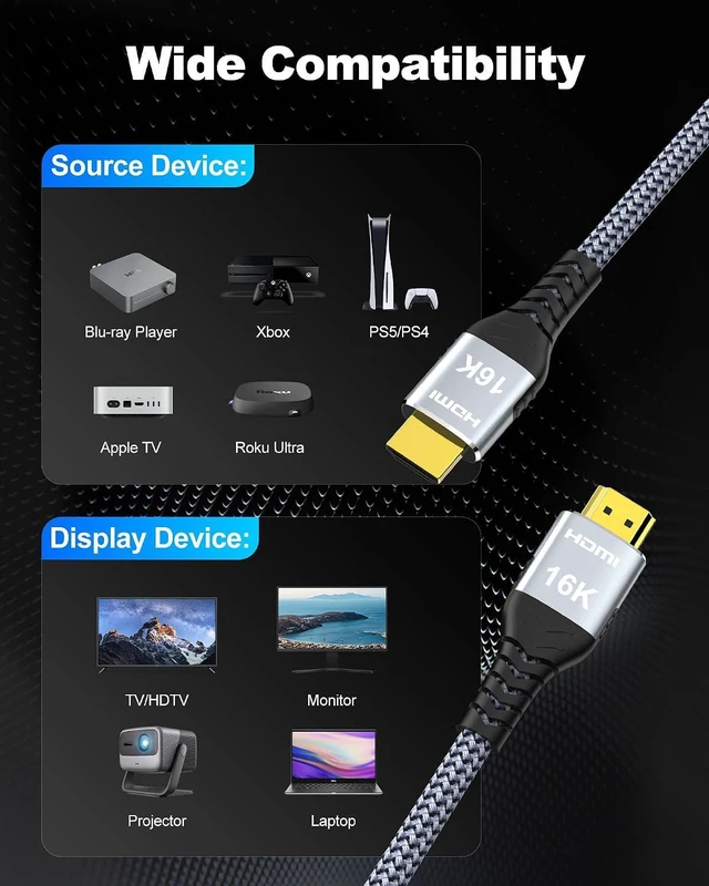 Alt view image 7 of 7 - 16K 10K 8K HDMI 2.2 Cable 10FT, 96Gbps Ultra High Speed 16@60Hz 8K@240Hz 4K@480Hz Braided HDMI Cord, HDCP 2.2 & 2.3, Dynamic HDR, eARC, Compatible with P5S HDTV PC Monitor Xbox Series