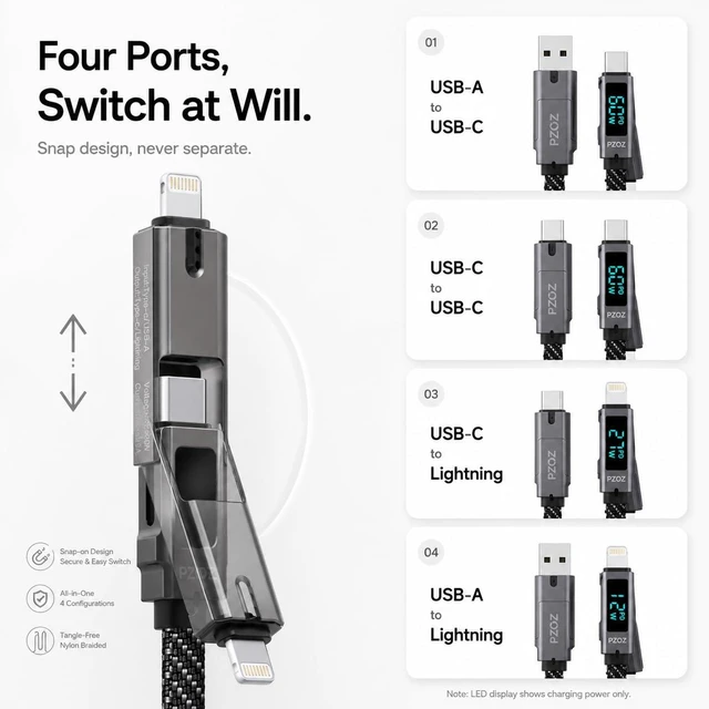 Alt view image 3 of 5 - 4-in-1 Multi Charging Cable with LED Display 60W PD Fast Charging
