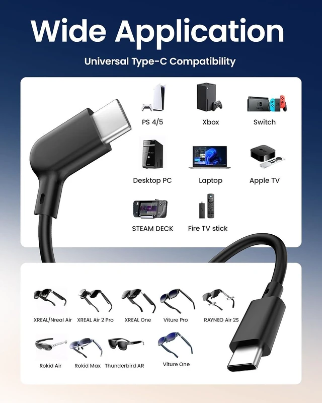 Alt view image 7 of 7 - AR Smart Glasses USB-C Charging Data & Power Supply Cable, 1.2M / 3.9FT Compatible with XREAL Air/One, VITURE Pro XR, and More; 125° Ergonomic 18-Core, 20Gbps USB 3.2 Gen2, Ultra-Slim 2.6mm