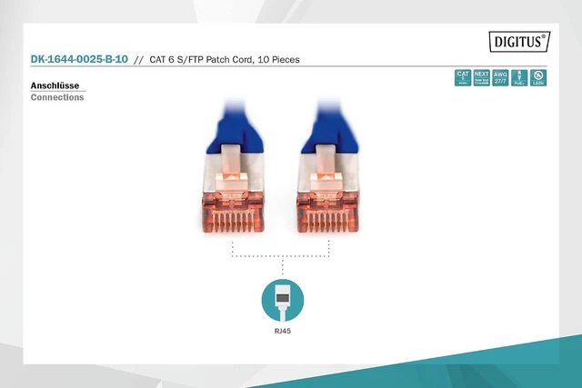 Alt view image 3 of 5 - DIGITUS CAT 6 S-FTP Patch Cord, Cu, LSZH AWG 27/7, Length 0.25 m, 10 Pieces, Color Blue