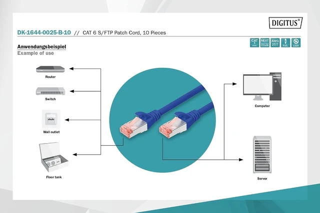 Alt view image 4 of 5 - DIGITUS CAT 6 S-FTP Patch Cord, Cu, LSZH AWG 27/7, Length 0.25 m, 10 Pieces, Color Blue