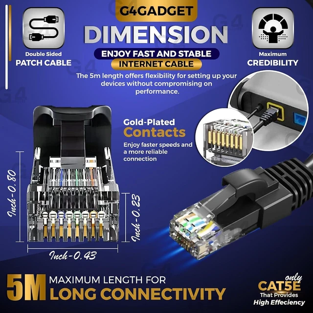 Alt view image 3 of 7 - G4GADGET 5 Meter RJ45 Cat5 Network LAN Cable Ethernet Patch Lead Black