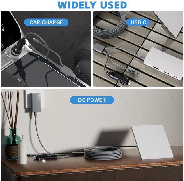 Alt view image 2 of 6 - CHGRNLF Starlink Mini Cable 3 in 1 33FT/10M, 140W Input USB C to DC Power Cable, 12V-24V DC Car Power Cable for Starlink Mini, Waterproof 18AWG Cable Work with 65W+ PD Supply