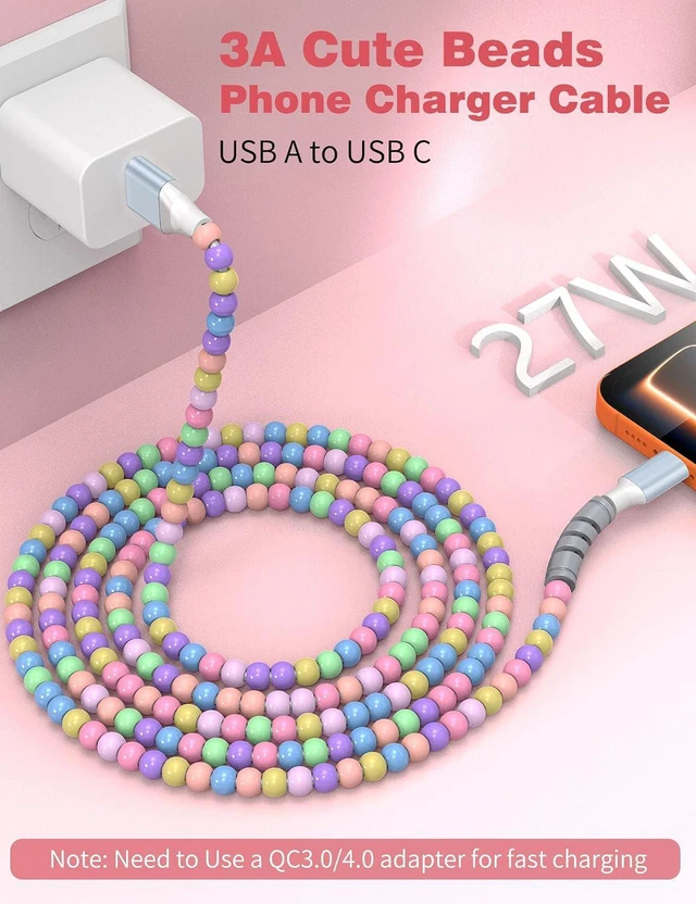 Alt view image 2 of 7 - USB A to USB C Cable 3FT,Beaded Charger Cord Car Carplay Cable 27W Fast Charging for iPhone 17 16 Pro Max 16e/iPad Pro 11 10th/ Samsung S25 S24 Ultra FE A16 A17 Android Phone Charger Cords Girls Women