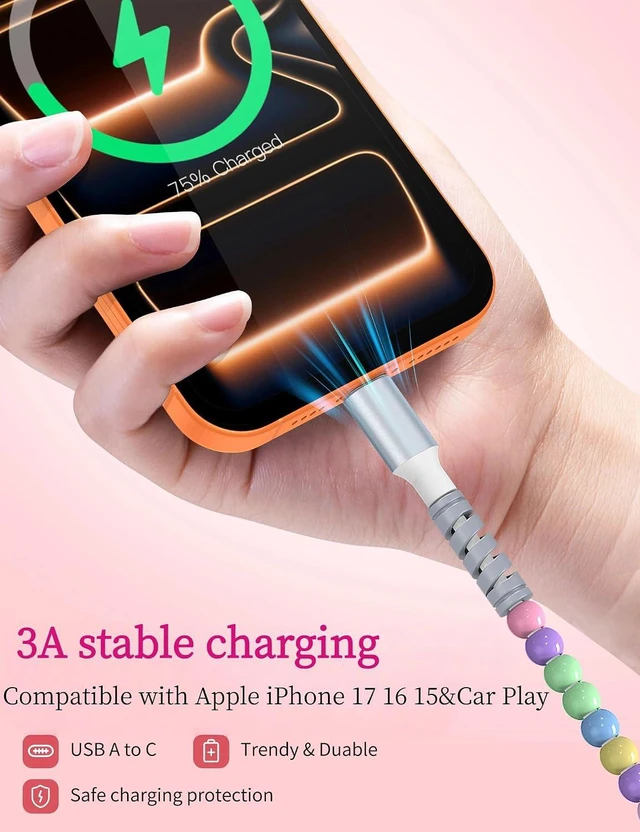 Alt view image 3 of 7 - USB A to USB C Cable 3FT,Beaded Charger Cord Car Carplay Cable 27W Fast Charging for iPhone 17 16 Pro Max 16e/iPad Pro 11 10th/ Samsung S25 S24 Ultra FE A16 A17 Android Phone Charger Cords Girls Women