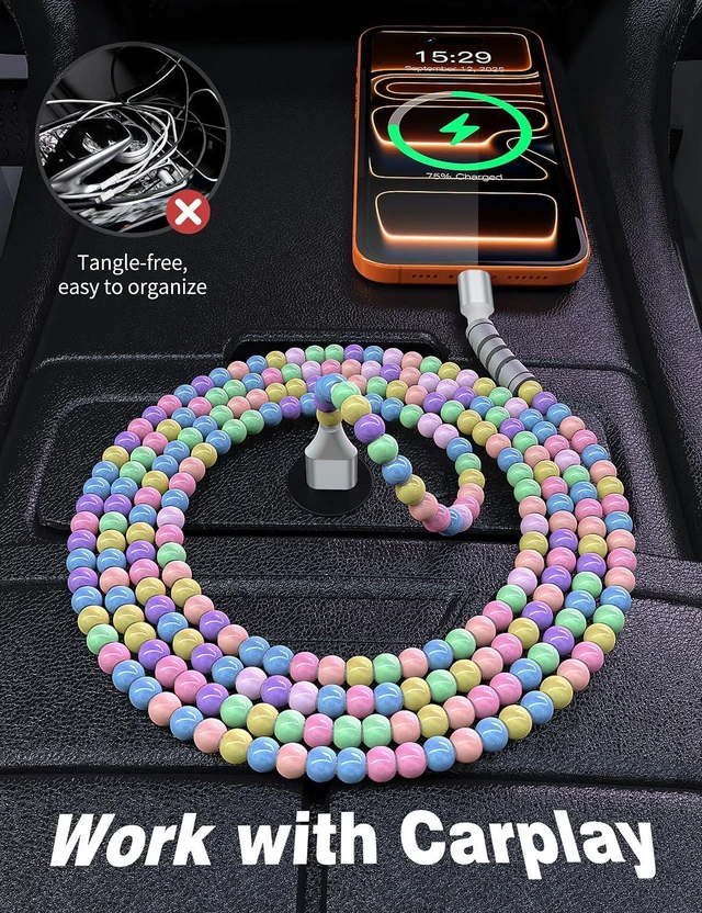 Alt view image 5 of 7 - USB A to USB C Cable 3FT,Beaded Charger Cord Car Carplay Cable 27W Fast Charging for iPhone 17 16 Pro Max 16e/iPad Pro 11 10th/ Samsung S25 S24 Ultra FE A16 A17 Android Phone Charger Cords Girls Women