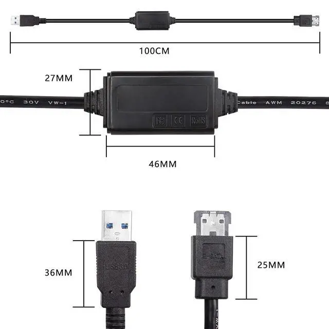 Alt view image 2 of 6 - USB to eSATA Adapter Cable 5Gbps USB 3.0 to Power eSATA Converter Cable 5V for HDD/SSD/ODD Laptop PC - 3 ft/1M