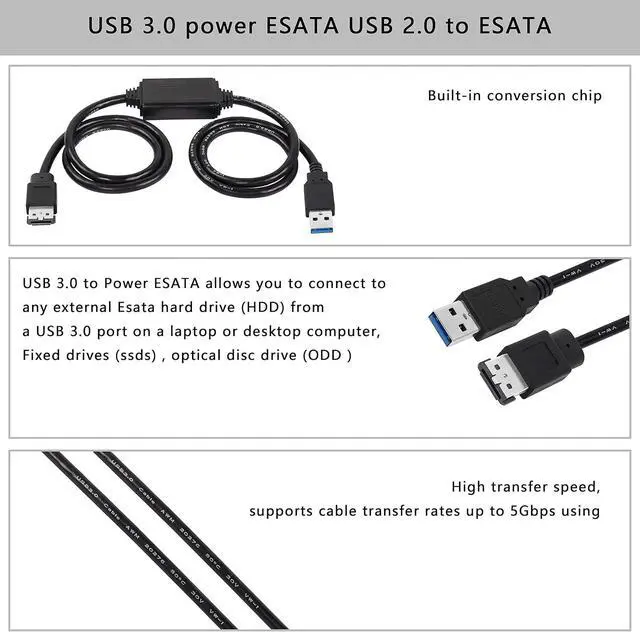 Alt view image 3 of 6 - USB to eSATA Adapter Cable 5Gbps USB 3.0 to Power eSATA Converter Cable 5V for HDD/SSD/ODD Laptop PC - 3 ft/1M