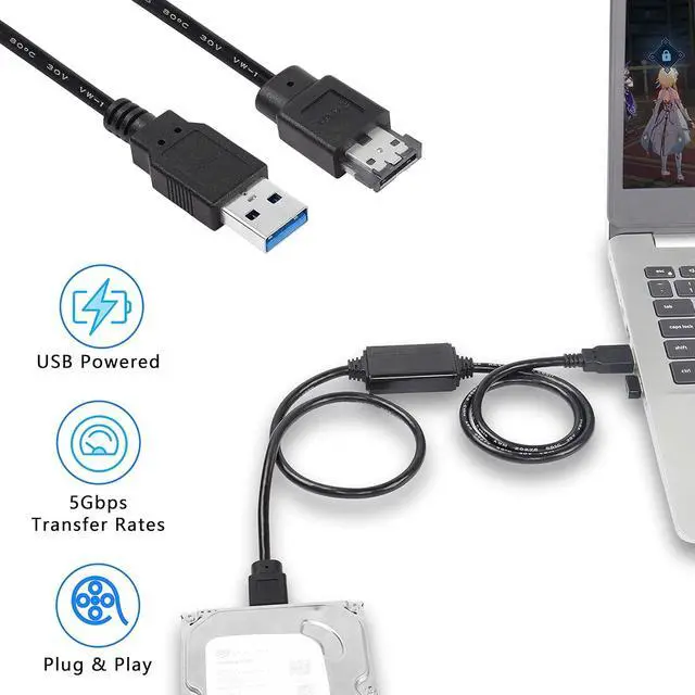 Alt view image 5 of 6 - USB to eSATA Adapter Cable 5Gbps USB 3.0 to Power eSATA Converter Cable 5V for HDD/SSD/ODD Laptop PC - 3 ft/1M