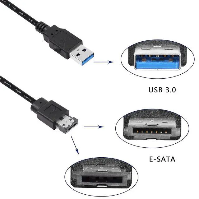 Alt view image 6 of 6 - USB to eSATA Adapter Cable 5Gbps USB 3.0 to Power eSATA Converter Cable 5V for HDD/SSD/ODD Laptop PC - 3 ft/1M