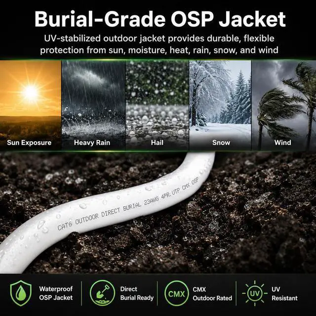 Alt view image 7 of 7 - fast Cat. Cat6 Direct Burial Outdoor Ethernet Cable - 1000Ft Waterproof Cat6 Cable with 23AWG Solid Copper Conductors - CMX, UTP 550MHz Heavy Network & Gaming Ethernet Cable White