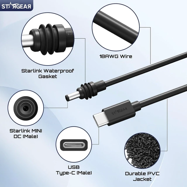 Alt view image 5 of 7 - for Starlink Mini Cable 16.4FT, 140W USB C to DC Power Cord 18AWG Type-C to Waterproof Barrel Jack, Work with 60W+ PD Source, Compatible with 28V PPS and 20V PD protocols