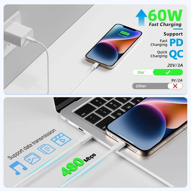 Alt view image 2 of 7 - USB C to USB C Cable 3 FT 4Pack,60W USBC Cables,Type C Fast Charging Cable for iPhone 16 15,MacBook Pro,iPad Pro Air,Samsung Galaxy S23 S22 S21 Ultra(White) (3, 6 FT)
