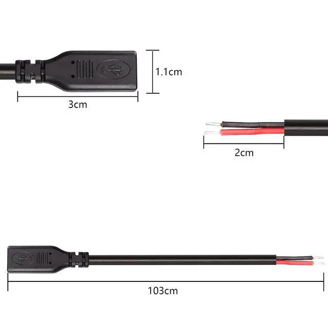 Alt view image 2 of 7 - USB Type-C Pigtail Cable Extension Power Cable 22AWG 5V 3A USB-C Plug to 2 Pin Bare Wire Open End Connector for DIY - 1M/3.2FT 5PCS (Type C Female)