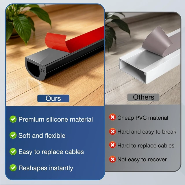 Alt view image 4 of 6 - Silicone Cord Covers Wall Self-Adhesive Cord Covers for Wires on Wall Wire Hider Flexible Cable Hider with Side-Opening for Home Office TV Cable Management (0.31" W x 0.31" H x 39" L, Black)