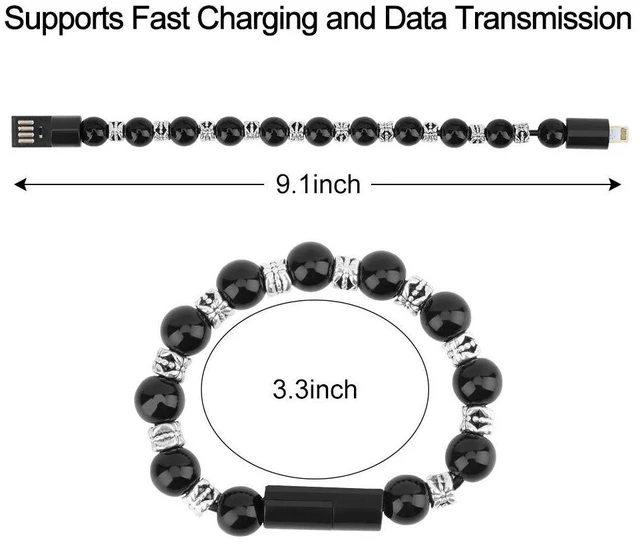 Alt view image 3 of 6 - Charging Bracelets Cable Charger Cord Fashion Prayer Beads Wrist Line Black (for Apple)