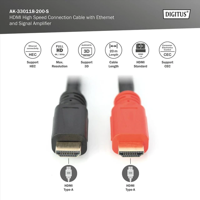 Alt view image 2 of 7 - DIGITUS Assmann 20m Male to Male HDMI High Speed with Ethernet Connection Cable with Amplifier - Black
