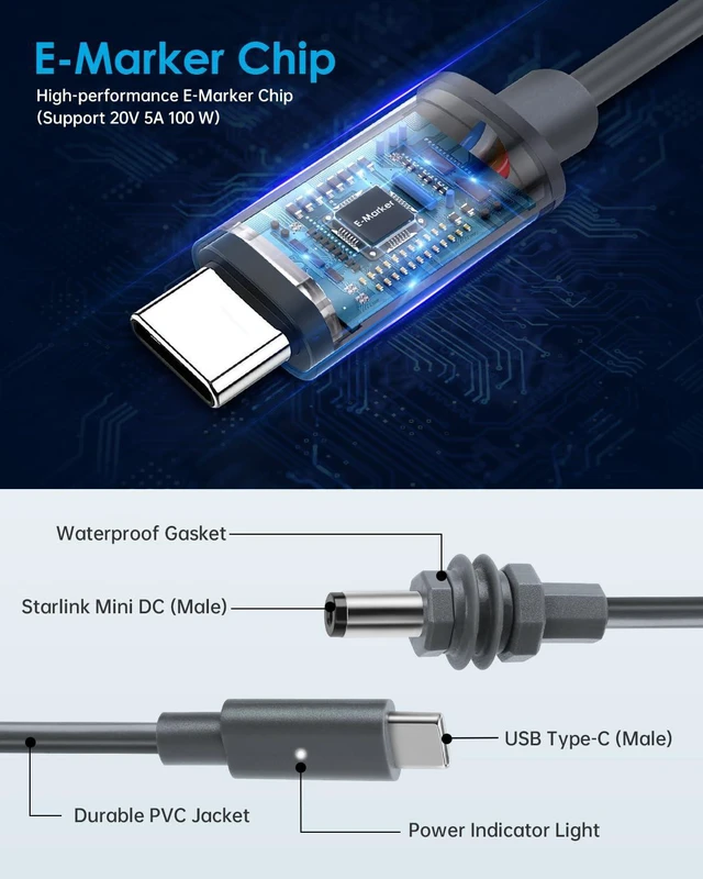 Alt view image 4 of 6 - for Starlink Mini Cable Power Cable USB C to DC,3M 10FT USB-C to Barrel Plug Cord 100w Starlink Mini Satellite Type-C Accessories Adapter Kit Waterproof Supply Charging Pd (49.2FT/15M)