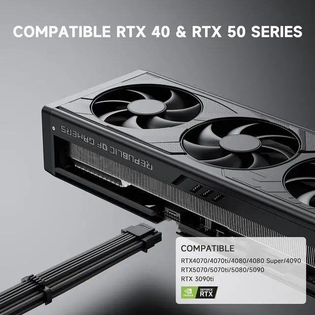 Alt view image 5 of 7 - Sirlyr Black PSU Extension Cable Kit, Metallic Sheen Braided Sleeved Cables, 34cm 12VHPWR 16-Pin Pcie 5.0 GPU Extension, 24-Pin ATX & 8-Pin EPS for RTX 50/40 Series, Custom PC Build