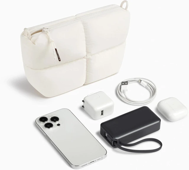 Alt view image 6 of 6 - Comfyable Puffy Electronics Organizer Travel Case, Cute Tech Pouch for Women Men, Cable Storage Bag for Charger, Phone, Power Bank, Cord, Compact Tech Accessories Pouch, Rice