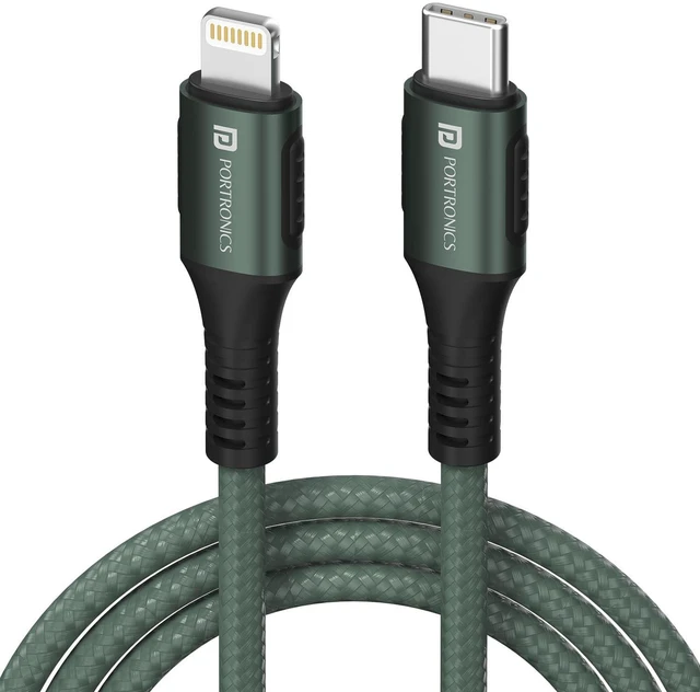 Main image of Portronics Konnect Cl 18W Por-1067 Type-C to 8 Pin USB 1.2M Cable with Power Delivery & 3A Quick Charge Support, Nylon Braided for All Type-C and 8 Pin Devices, Green