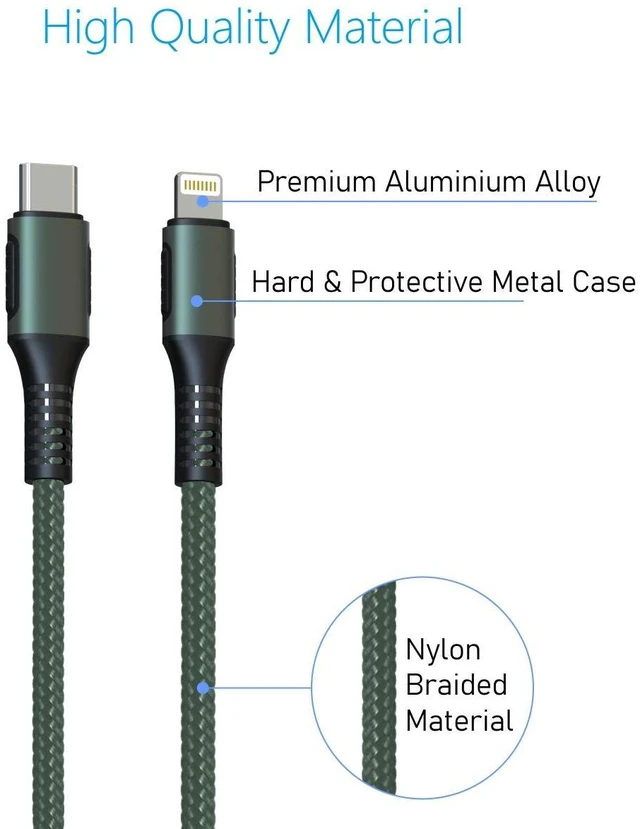 Alt view image 2 of 6 - Portronics Konnect Cl 18W Por-1067 Type-C to 8 Pin USB 1.2M Cable with Power Delivery & 3A Quick Charge Support, Nylon Braided for All Type-C and 8 Pin Devices, Green