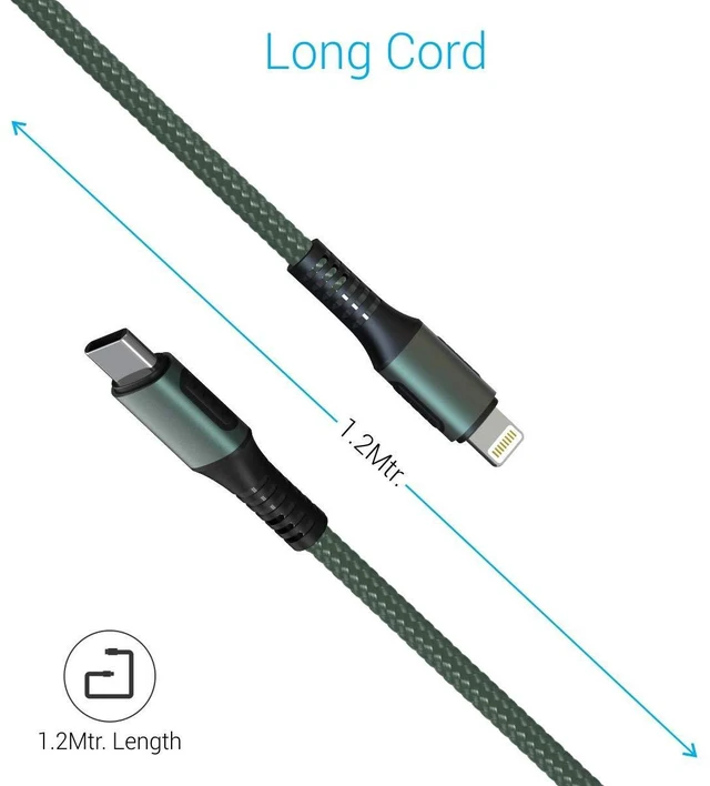 Alt view image 4 of 6 - Portronics Konnect Cl 18W Por-1067 Type-C to 8 Pin USB 1.2M Cable with Power Delivery & 3A Quick Charge Support, Nylon Braided for All Type-C and 8 Pin Devices, Green