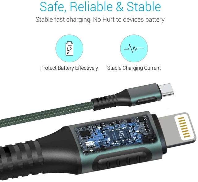 Alt view image 5 of 6 - Portronics Konnect Cl 18W Por-1067 Type-C to 8 Pin USB 1.2M Cable with Power Delivery & 3A Quick Charge Support, Nylon Braided for All Type-C and 8 Pin Devices, Green