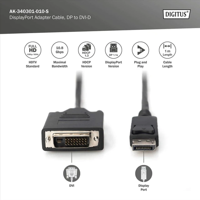 Alt view image 2 of 6 - Digitus 1m DP Male to DVI-D Male DisplayPort Adapter Cable - Black