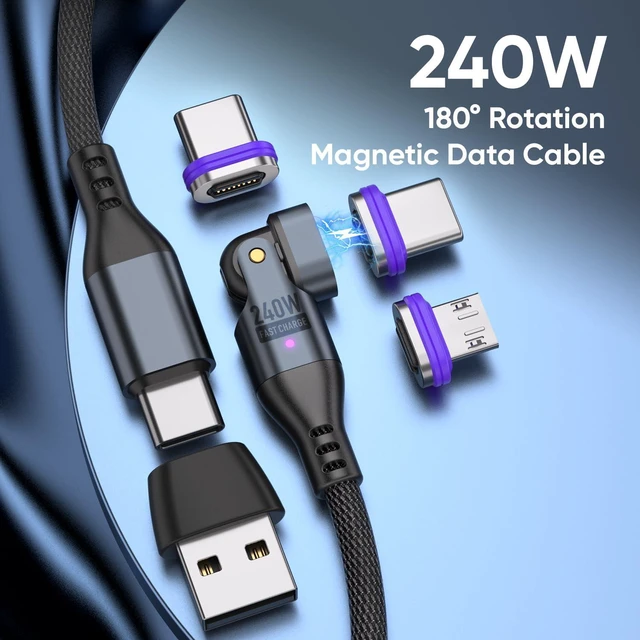 Alt view image 2 of 7 - 240W Magnetic Charging Cable, 180°Rotatable USBC to USB C Magnetic Micro USB Cable Fast Charging Cable for Laptop Phone Tablet Smartphone (6FT)