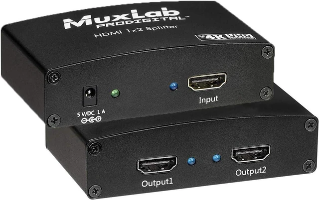 Main image of MuxLab 1x2 HDMI Splitter 1 in 2 Out, Supports 3D 4K@30HZ Full HD 1080P @ 60Hz for Xbox PS4 PS3 Fire Stick Roku Blu-Ray Player HDTV (1 Source to 2 Displays, for Dual Duplicate Monitors)