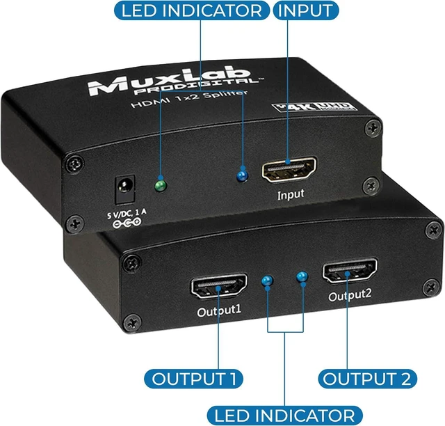 Alt view image 2 of 6 - MuxLab 1x2 HDMI Splitter 1 in 2 Out, Supports 3D 4K@30HZ Full HD 1080P @ 60Hz for Xbox PS4 PS3 Fire Stick Roku Blu-Ray Player HDTV (1 Source to 2 Displays, for Dual Duplicate Monitors)