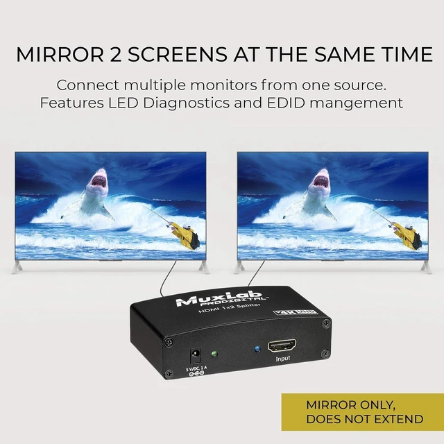 Alt view image 5 of 6 - MuxLab 1x2 HDMI Splitter 1 in 2 Out, Supports 3D 4K@30HZ Full HD 1080P @ 60Hz for Xbox PS4 PS3 Fire Stick Roku Blu-Ray Player HDTV (1 Source to 2 Displays, for Dual Duplicate Monitors)