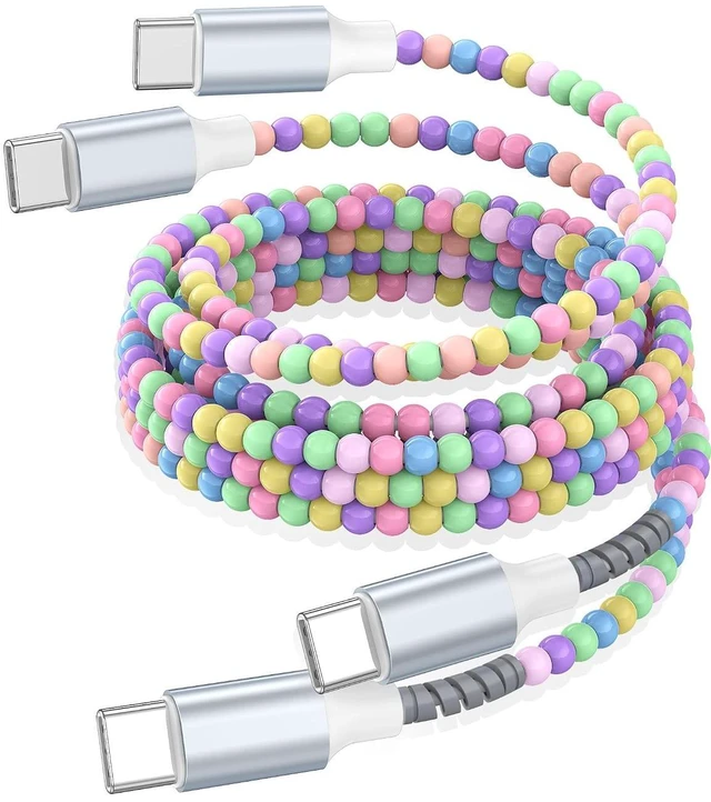 Main image of USB C to USB C Cable 6FT2Pack,60W Fast Charging Beaded Charger Cord for iPhone 17 16 Pro Max iPad Pro Air 11 10th for Samsung S25 S24 Ultra S23 FE A16 A17 Android Phone Charger Cable Cute Girls Women